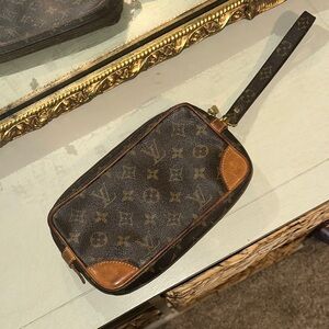 Louis Vuitton Monogram Canvas Wristlet Toiletry Pouch in Dark Brown and Tan